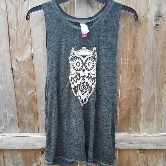 Tank Top Distressed Gray Owl Juniors Slit Open Back Large 11/13 - Picture 1 of 12